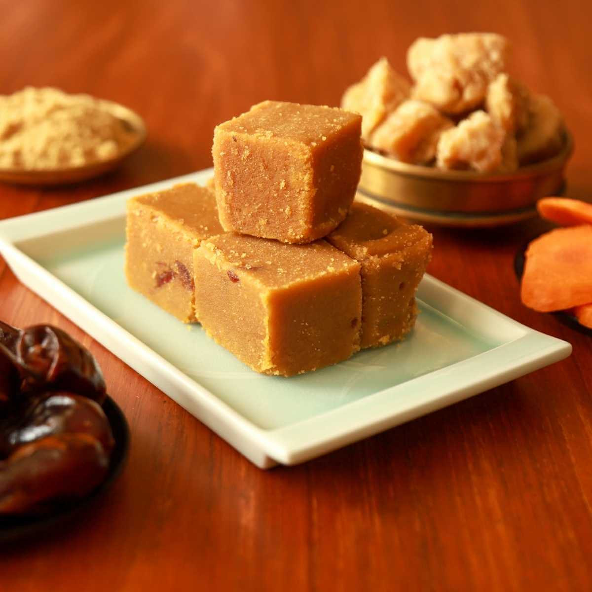 Carrot Dates Mysore Pak - Snackative -