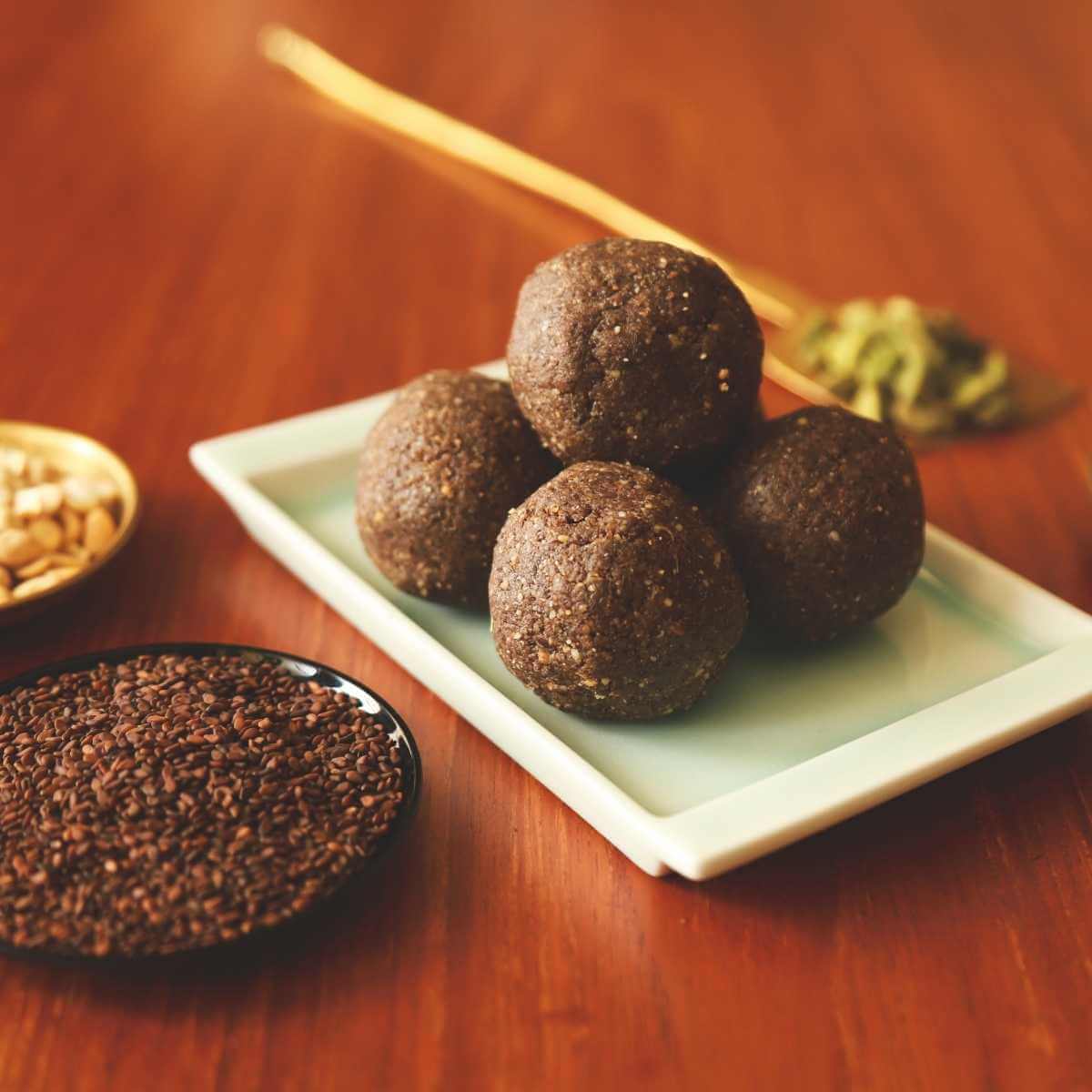 Roasted Sesame Peanut Jaggery Laddu - Snackative -